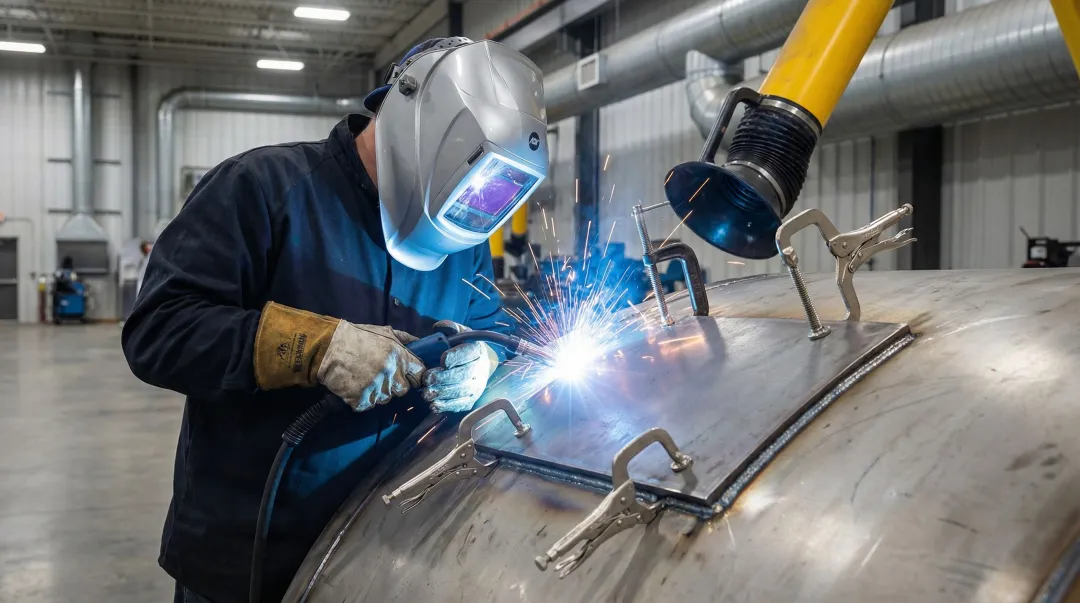 Welder in full PPE performing MIG weld on metal tank joint with proper fit-up clamps