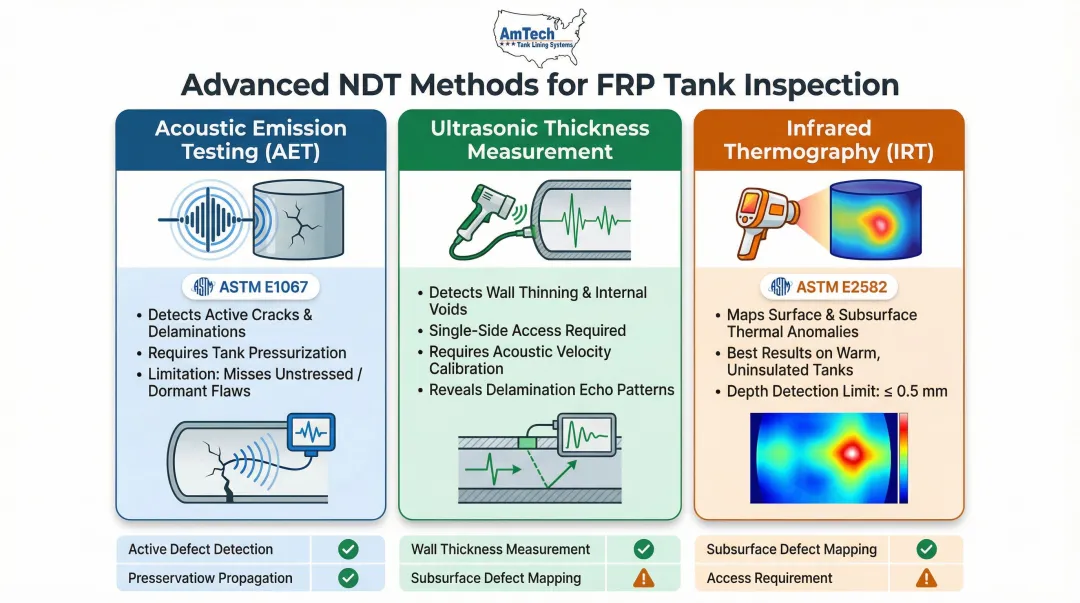 Three advanced FRP NDT methods comparison acoustic emission ultrasonic and infrared thermography