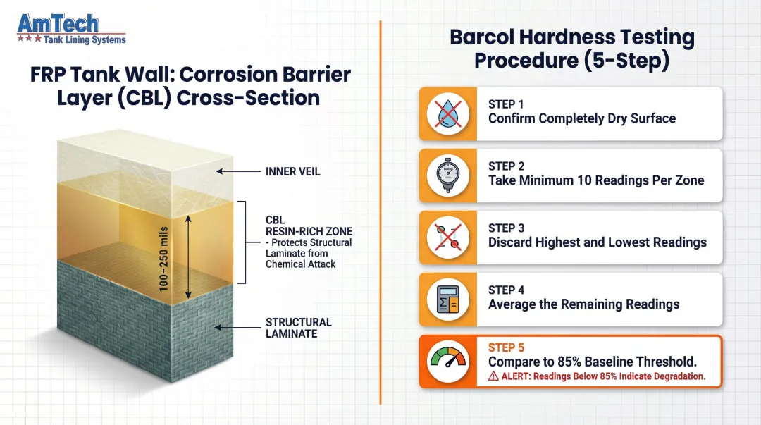 FRP corrosion barrier layer internal inspection process with Barcol hardness testing methodology