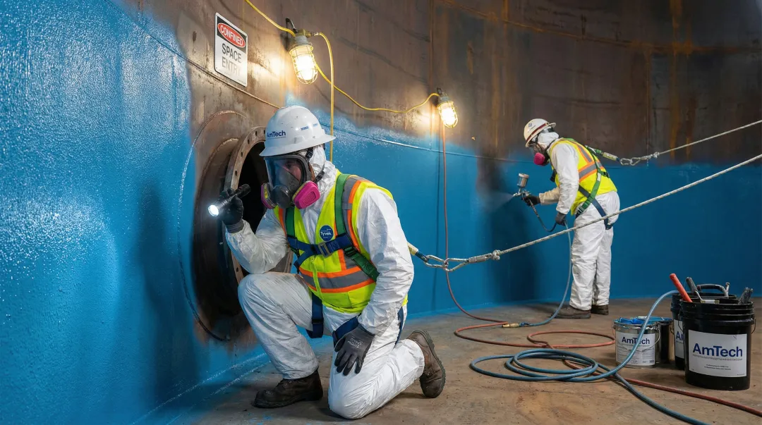 AmTech tank relining crew performing interior fire suppression tank restoration work