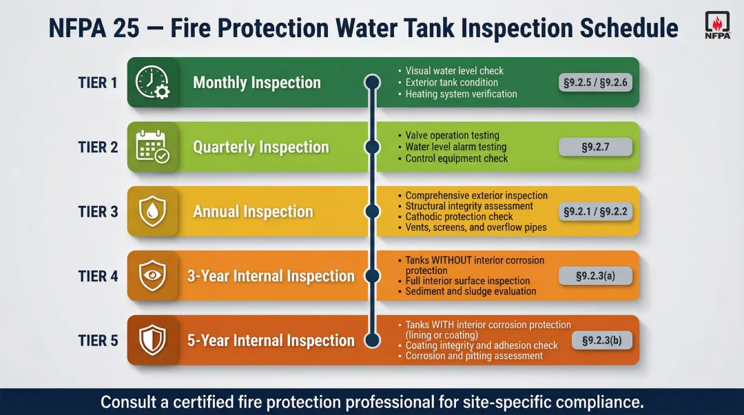 NFPA 25 fire protection tank inspection frequency schedule from monthly to five years