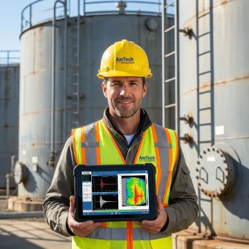 Tank inspection engineer reviewing ultrasonic testing data on industrial storage facility