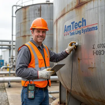 Engineer performing ultrasonic thickness testing on industrial storage tank wall
