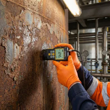Close-up of ultrasonic thickness gauge measuring steel tank wall