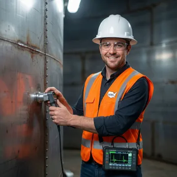Technician performing ultrasonic leak detection on industrial water storage tank