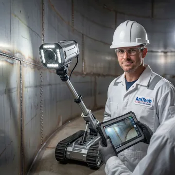 Industrial tank inspection technician using live video imaging equipment inside large storage tank