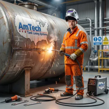 Emergency fuel tank repair crew performing urgent leak repair on industrial petroleum storage tank