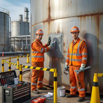 Emergency oil tank repair crew performing urgent leak containment on damaged storage tank