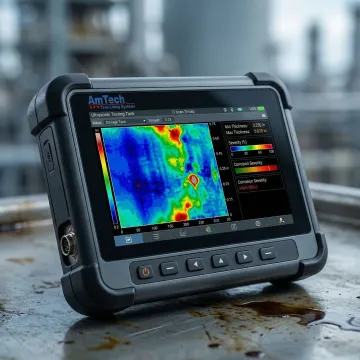 Ultrasonic testing equipment screen showing tank wall thickness readings and corrosion map