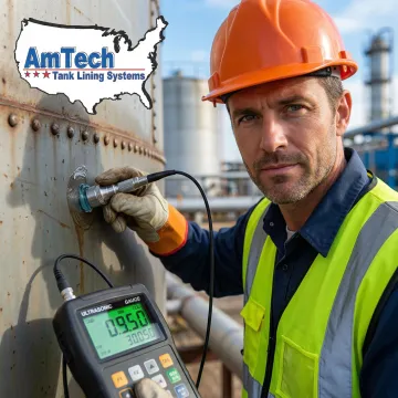 Technician performing ultrasonic testing on large industrial oil storage tank
