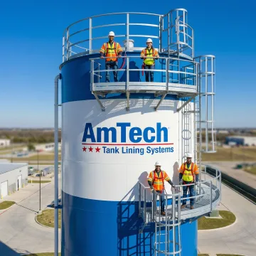 Industrial water tower undergoing professional maintenance inspection with safety equipment