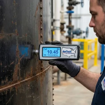 Close-up of ultrasonic testing equipment measuring underground storage tank wall thickness