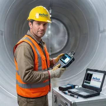 Professional technician inspecting underground storage tank lining interior with specialized equipment