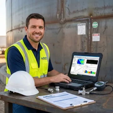Engineer reviewing ultrasonic testing data and tank inspection documentation