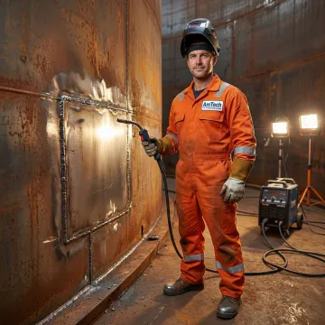 Professional technician repairing industrial storage tank leak in Reno facility