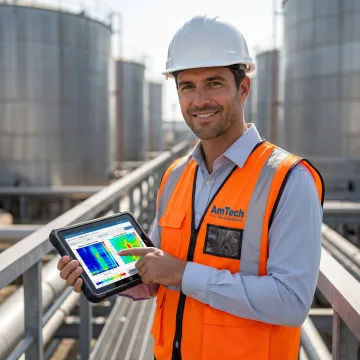 Technician analyzing ultrasonic test data from petroleum storage tank inspection