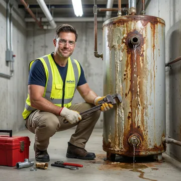 Emergency water heater tank repair technician working on corroded tank in Orlando facility