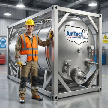 ISO tank container undergoing structural repair and inspection at industrial facility