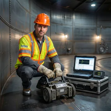 Technician performing magnetic flux leakage inspection on industrial storage tank floor