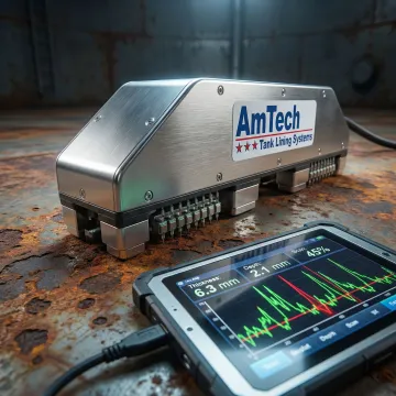Close-up of MFL scanning equipment detecting corrosion on steel tank floor