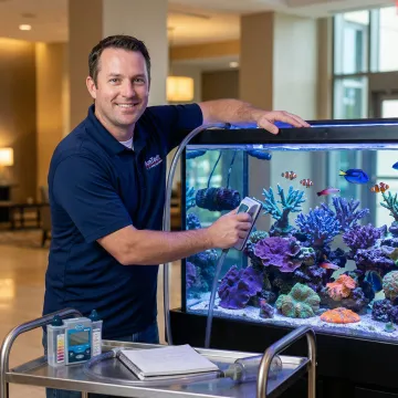 Professional technician performing maintenance on large marine aquarium tank