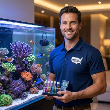 Aquarium technician testing water quality in marine reef tank