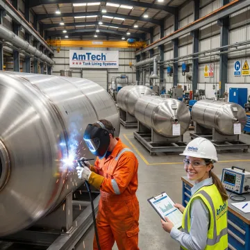 Industrial pressure vessel manufacturing facility with steel tanks under construction