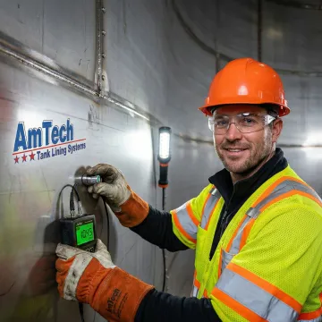 Engineer inspecting interior of industrial storage tank with ultrasonic testing equipment