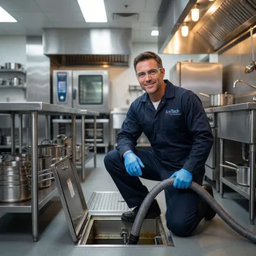 Technician servicing commercial grease trap system in Pennsylvania kitchen
