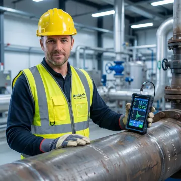 Technician performing ultrasonic pipeline inspection with digital testing equipment