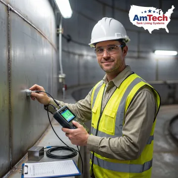 Professional technician inspecting fire water tank lining with ultrasonic testing equipment