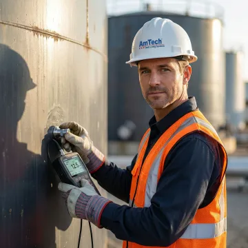 Technician performing ultrasonic thickness testing on industrial storage tank