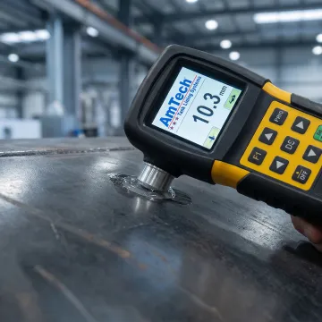 Close-up of ultrasonic testing probe measuring tank wall thickness