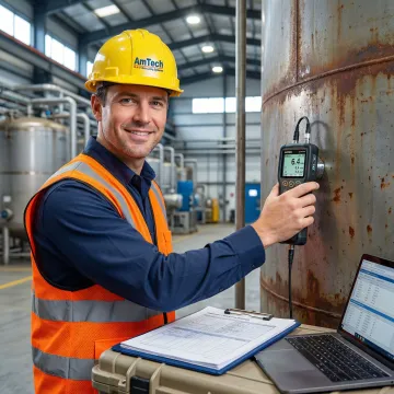 Field engineer examining tank wall with ultrasonic testing equipment and diagnostic tools