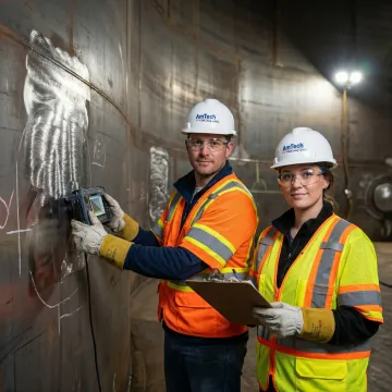 Industrial tank inspection crew examining steel storage tank interior with diagnostic equipment