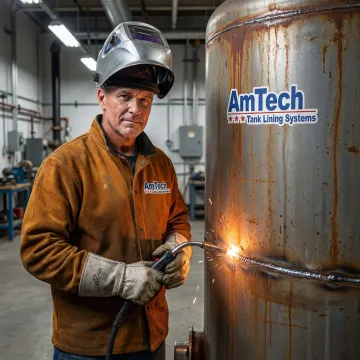 Emergency hot water tank repair technician welding structural damage on industrial water heater