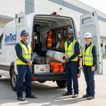 AmTech emergency response crew preparing hot water tank repair equipment and materials at facility site