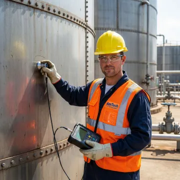 Technician performing ultrasonic inspection on large industrial above-ground storage tank