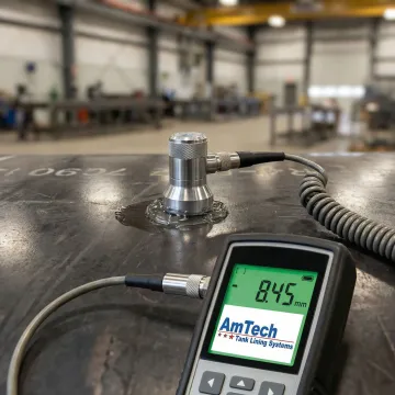 Close-up of ultrasonic testing probe measuring tank wall thickness