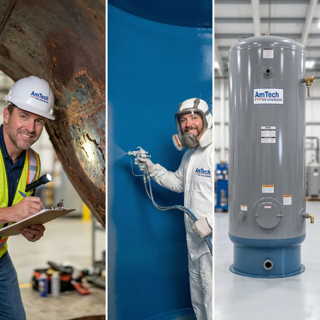 Step-by-step hot water tank repair and lining process in commercial facility