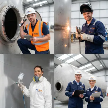 Step-by-step fuel tank repair process showing inspection and coating