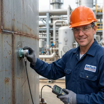 Technician performing ultrasonic leak testing on industrial storage tank
