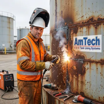Professional technician performing oil tank repair work on industrial petroleum storage tank