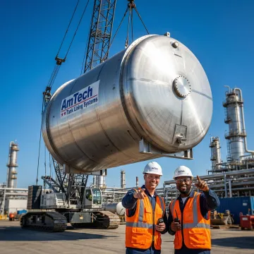 Commercial oil storage tank installation with crane and field crew