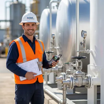 Field engineer inspecting commercial petroleum storage tank installation