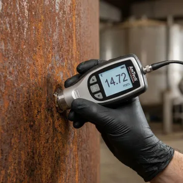 Close-up of ultrasonic testing device measuring tank wall thickness