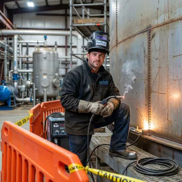Industrial welder performing structural repairs on large steel storage tank