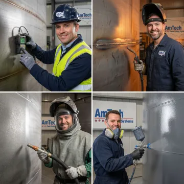 Step-by-step oil tank repair process showing inspection, welding, and coating application