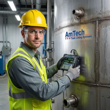 Technician performing ultrasonic leak detection on large industrial water storage tank