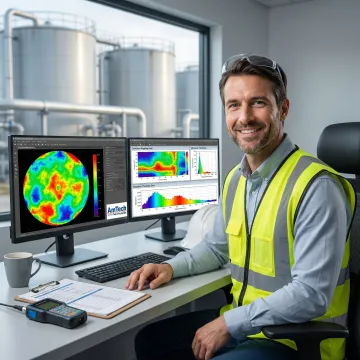 Technician analyzing ultrasonic testing data on laptop